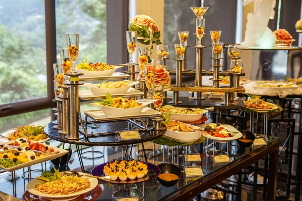 An abundance of buffet food ideas displayed on an expansive table.