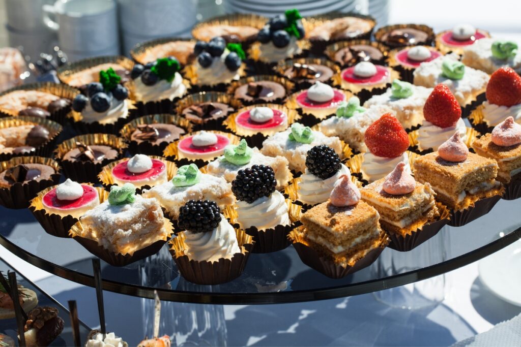 A tray of desserts on a table, perfect for dessert catering for parties.