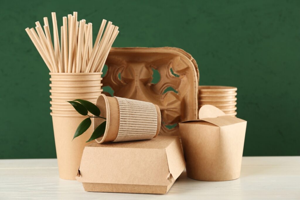 An eco-friendly catering set featuring paper cups and straws on a green background.