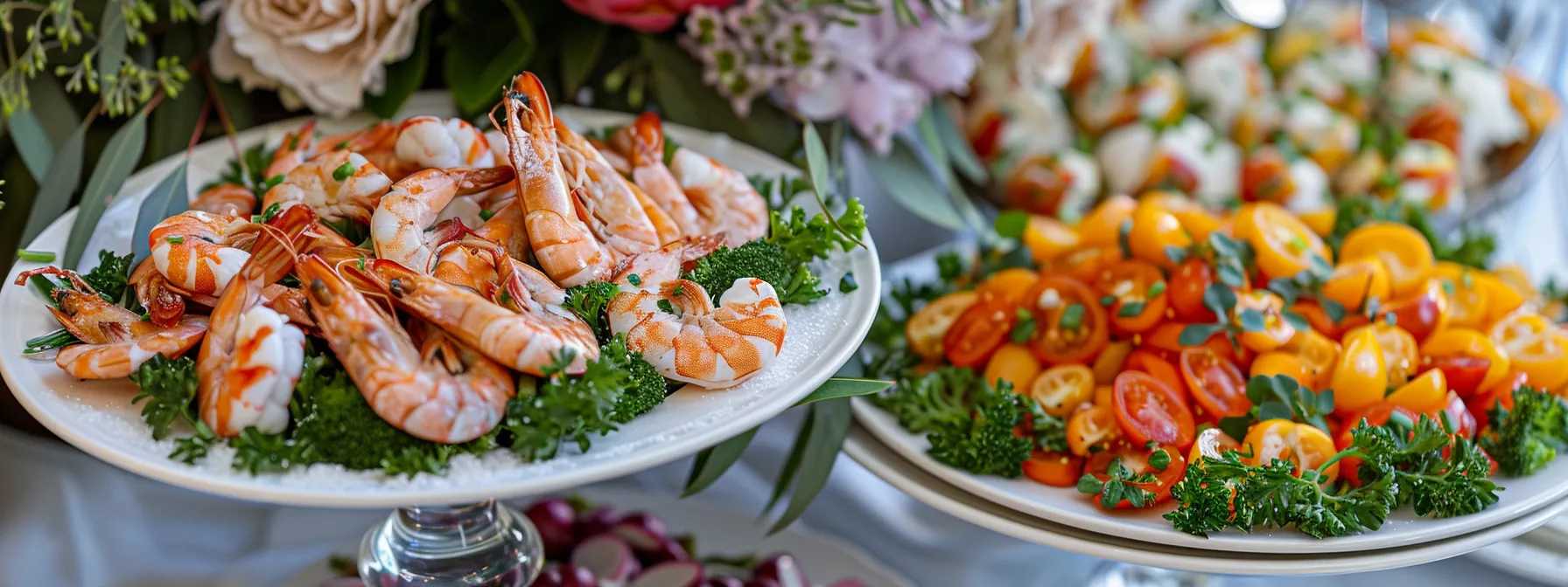 a beautifully arranged spring wedding menu spread, featuring colorful shrimp with garlic sauce appetizers, fresh spring vegetable dishes, baked potatoes, seasonal desserts, and a glass of refreshing red wine.