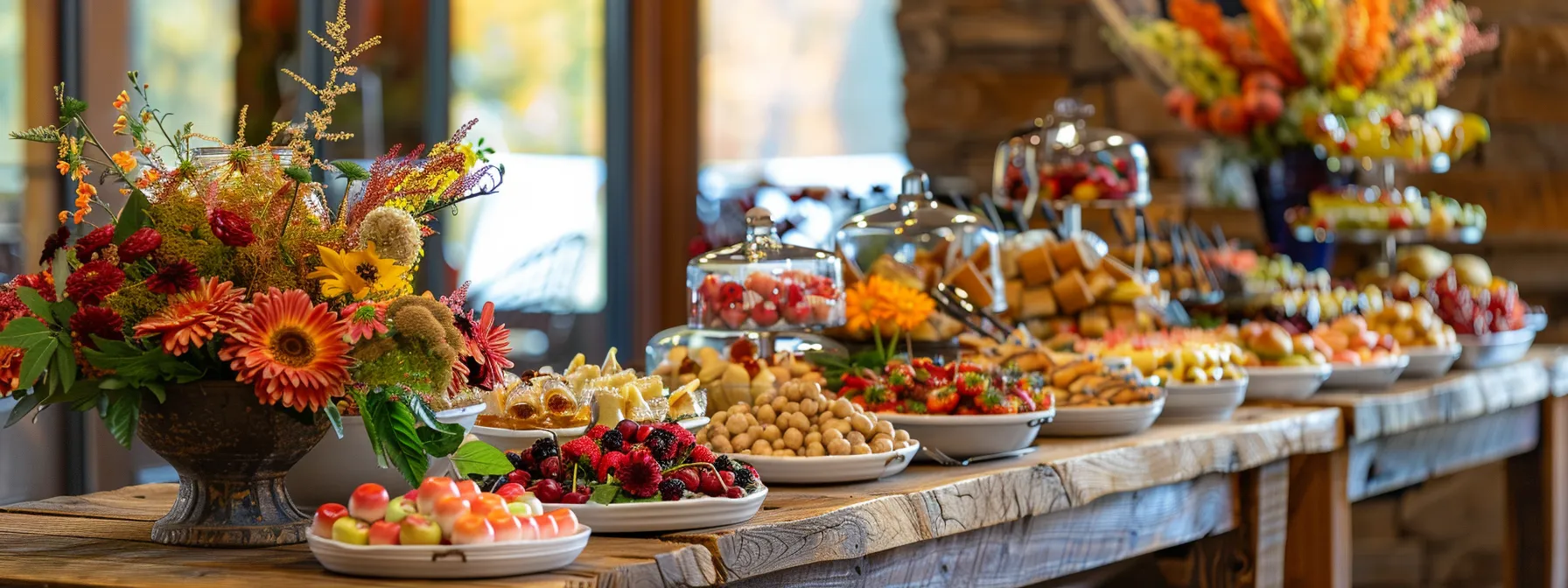 a rustic wooden table adorned with an array of colorful autumn-inspired appetizers, entrees, desserts, and warm beverages, creating a cozy and inviting setting for a memorable fall wedding.