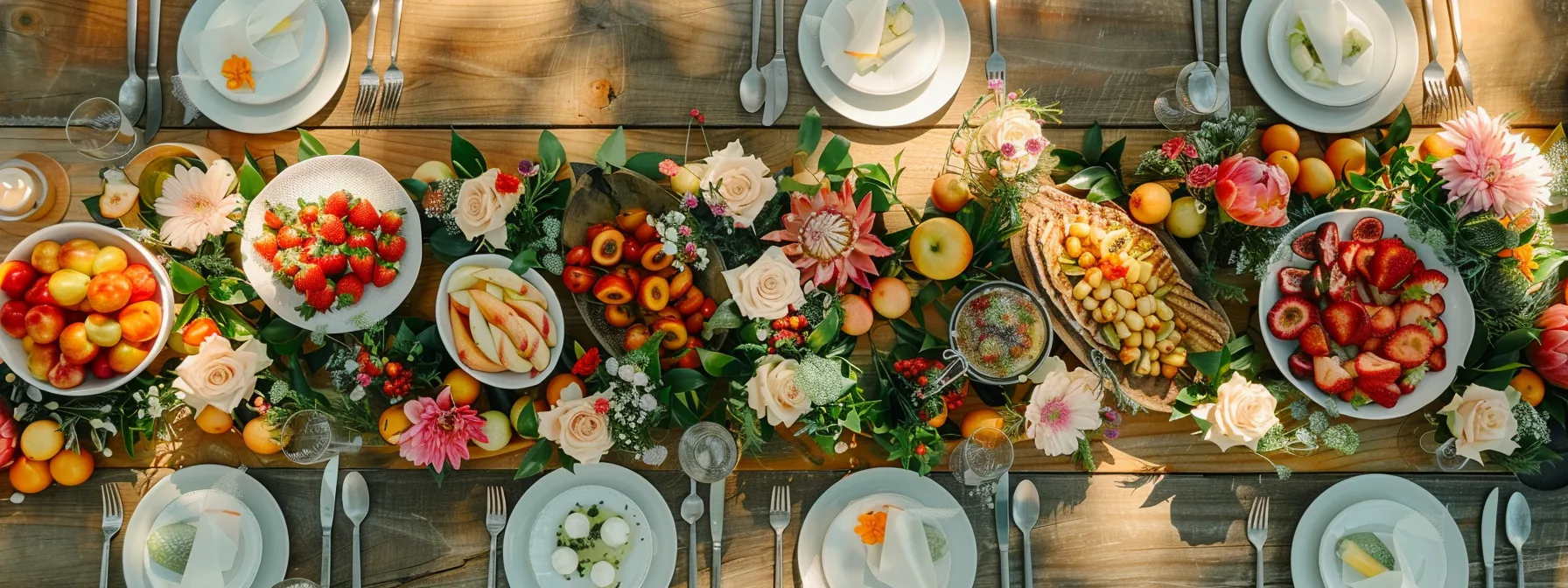 a beautifully presented table filled with light, refreshing starters, grilled entrées, cool desserts, and vibrant seasonal fruits at a summer wedding reception.