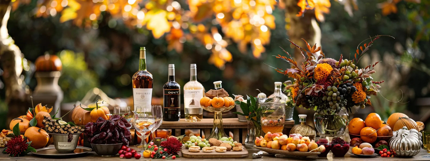 a beautifully curated spread of seasonal cocktails, wines, and desserts set against a backdrop of autumn foliage, creating a warm and inviting atmosphere for an atlanta event.