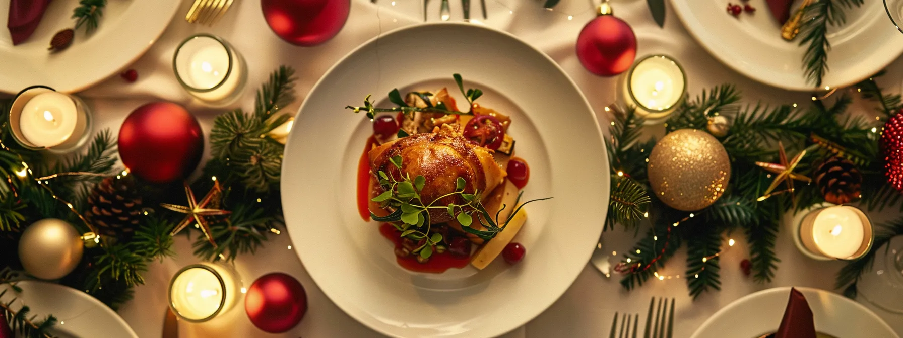 a beautifully plated seasonal dish surrounded by festive decor, served at an elegant atlanta event.