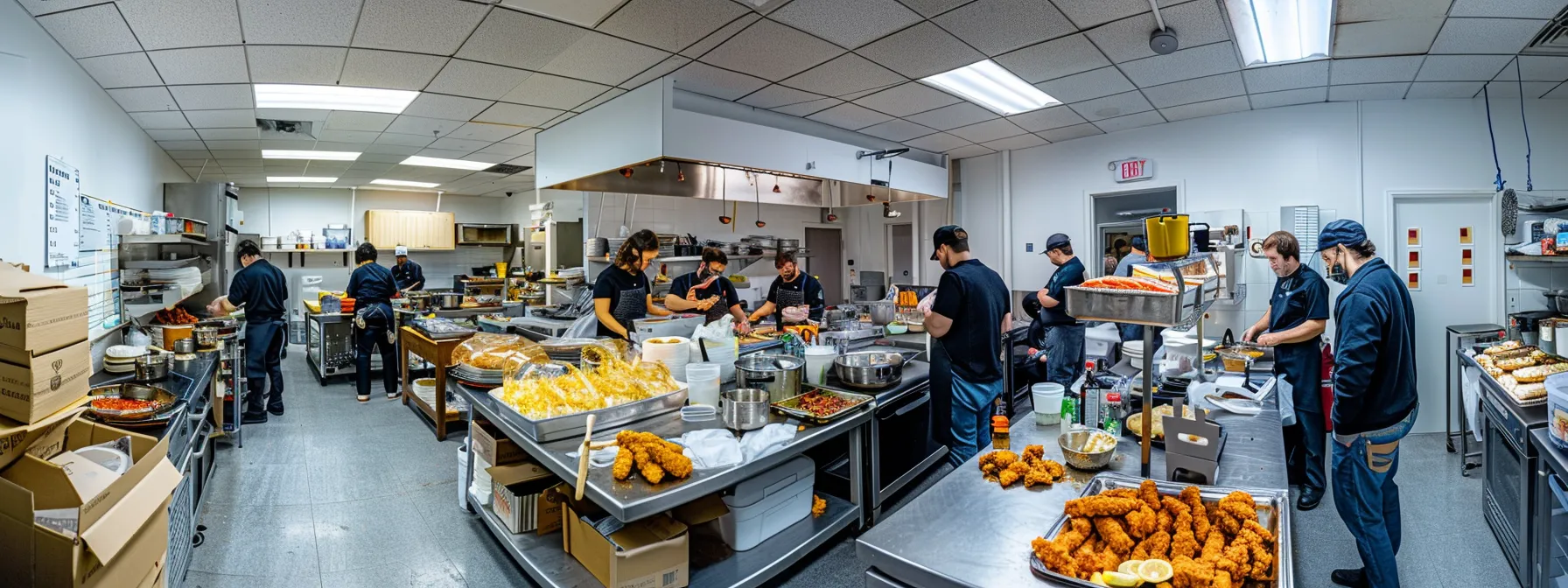 a bustling kitchen filled with local chefs and caterers collaborating on creating a seasonal menu for an atlanta event.