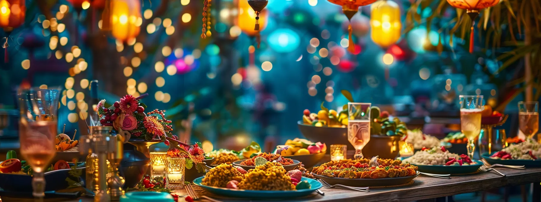 a beautifully decorated table showcasing a mix of traditional and innovative dishes, surrounded by colorful seasonal decorations reminiscent of a vibrant theme park setting.