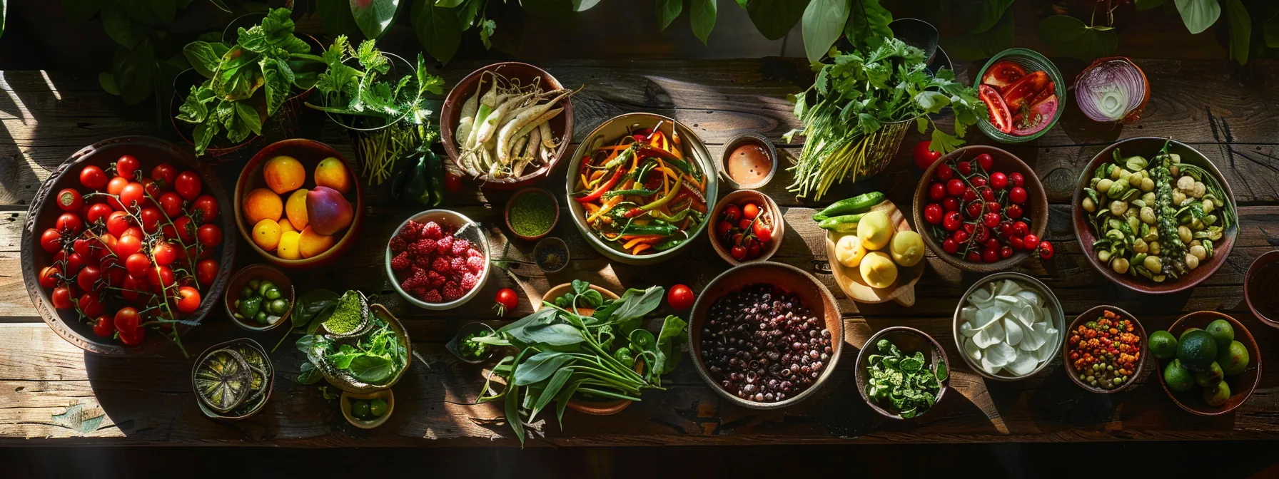 a colorful array of fresh, seasonal ingredients displayed on a rustic wooden table in atlanta.