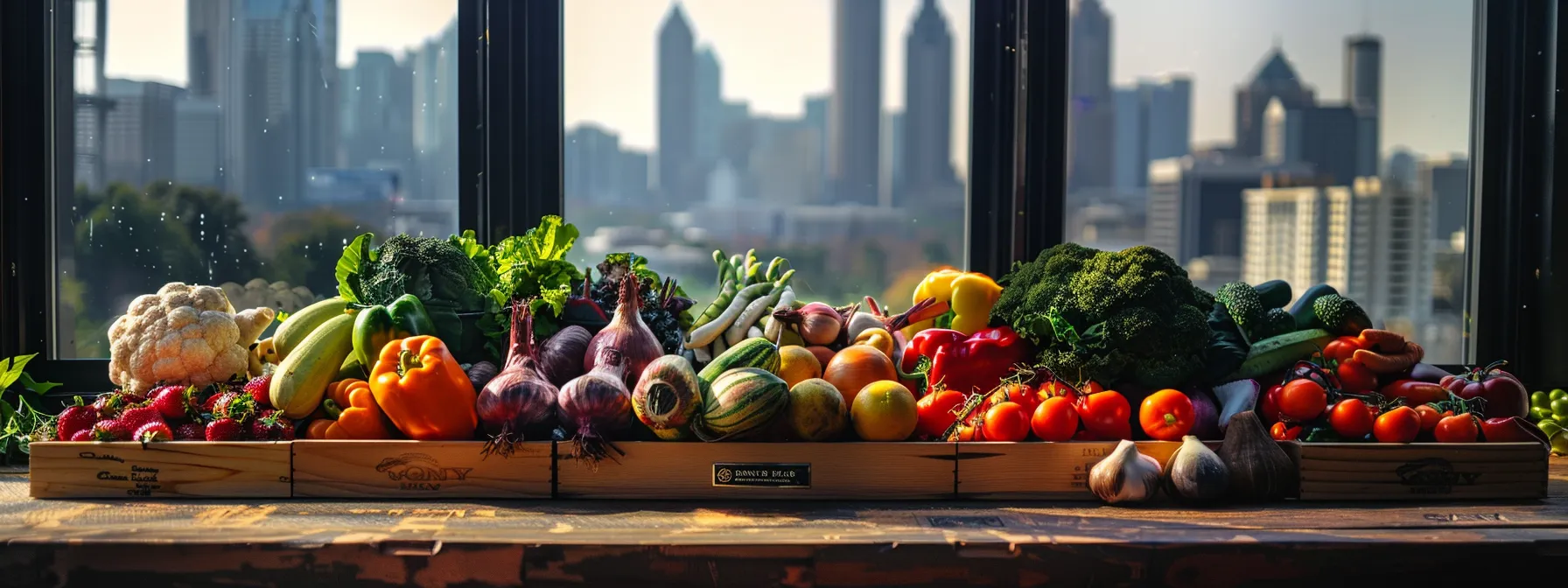 a vibrant array of fresh, locally-sourced ingredients set against a backdrop of atlanta's skyline, showcasing the essence of seasonal menus for events.