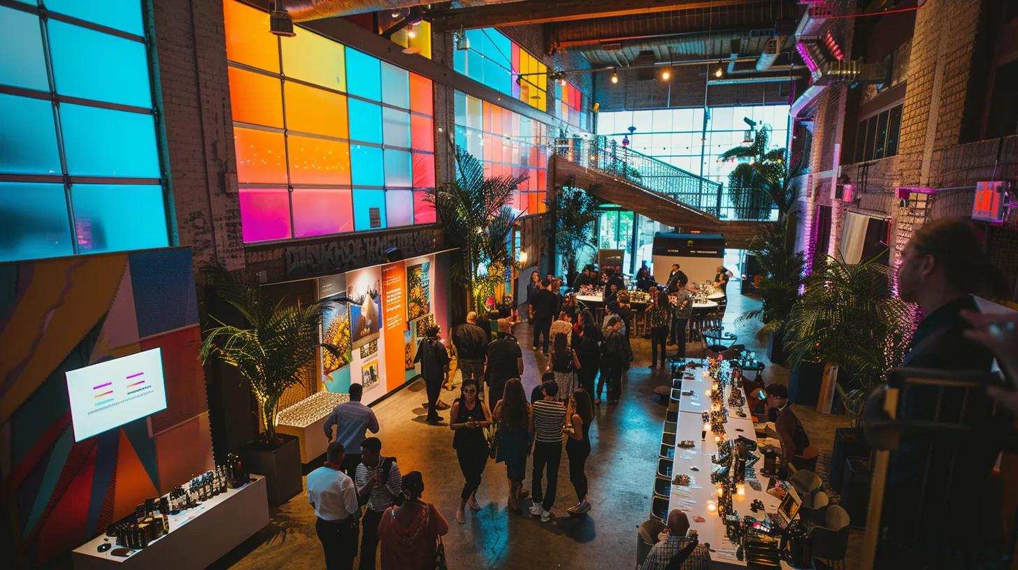 Catering Blog 1 a vibrant, bustling event planning room filled with diverse vendors engaging in lively discussions, showcasing their services while surrounded by a wall of colorful customer testimonials and feedback forms.