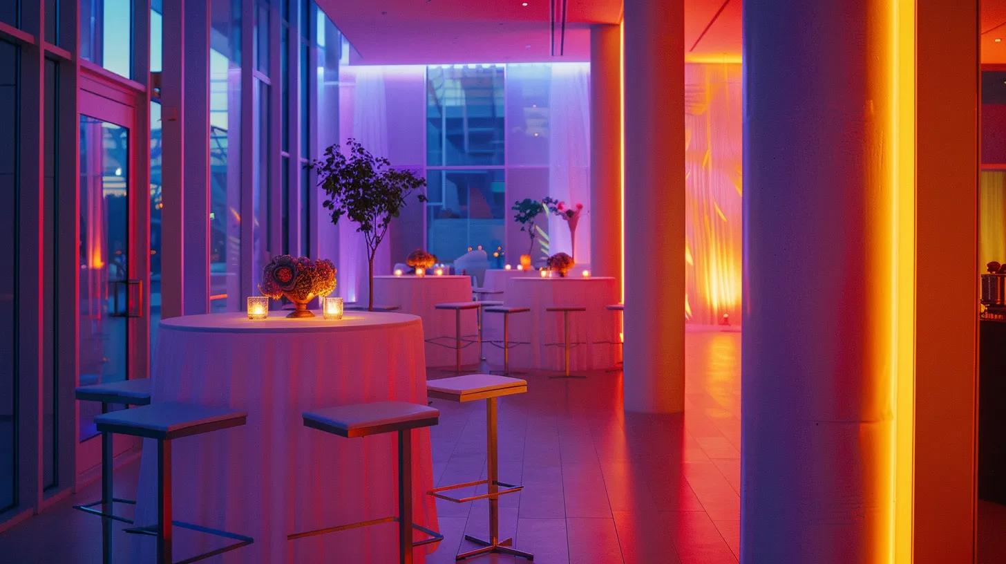 Catering Blog 13 a vibrant corporate event setting featuring elegantly arranged tables and sophisticated decor, illuminated by soft, warm lighting, capturing the essence of meticulous planning and professionalism.