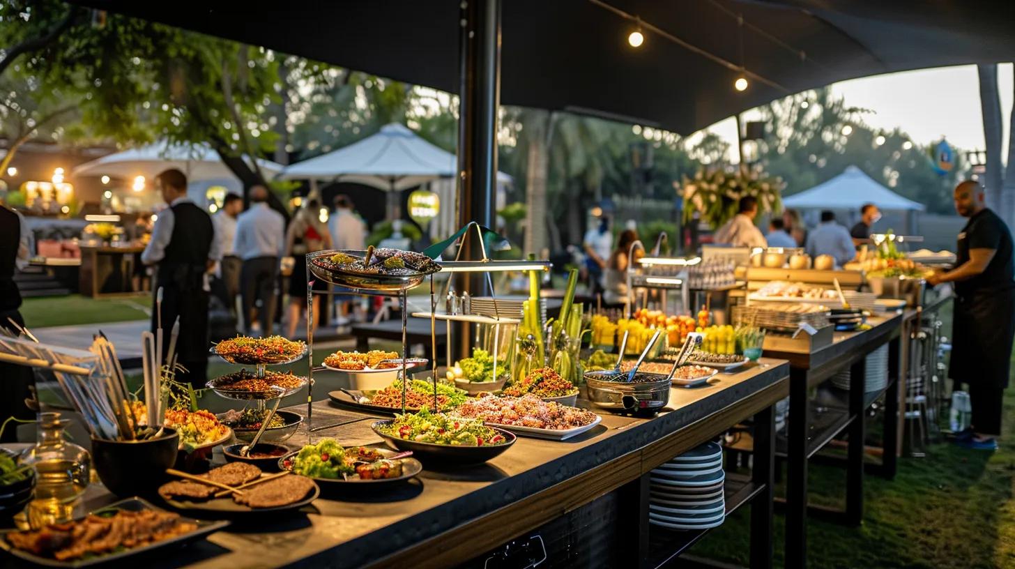 Creating a VIP Catering Experience at Summer Music Festivals 4 a bustling outdoor vip catering setup at a music festival showcases elegantly arranged food stations under sleek canopies, with a team of professionals coordinating seamlessly amid the vibrant ambiance of the event.
