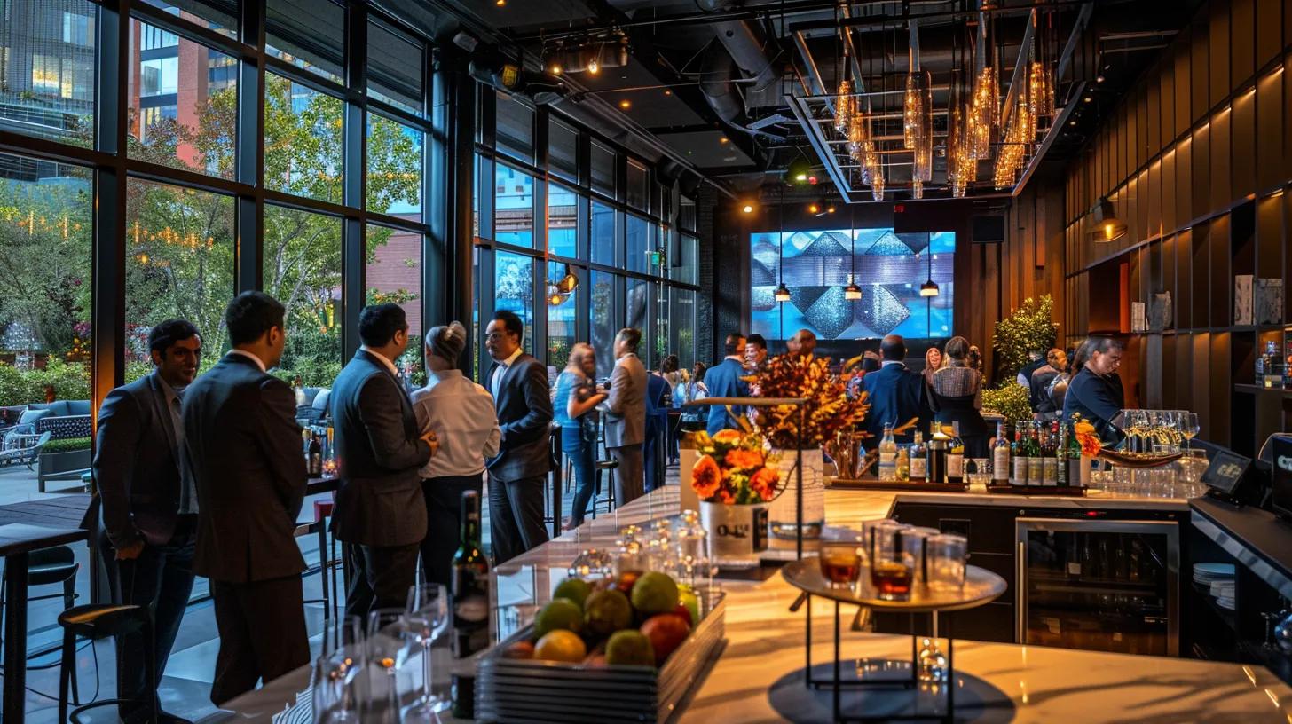 Creating a VIP Catering Experience at Summer Music Festivals 6 a polished, upscale event space filled with elegantly dressed staff seamlessly interacting with guests, utilizing advanced technology to ensure swift and personalized service, creating an atmosphere of exclusivity and refined hospitality.