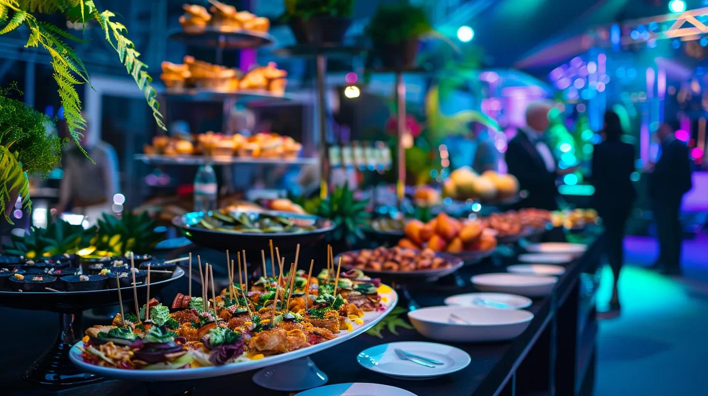 Creating a VIP Catering Experience at Summer Music Festivals 2 a vibrant and sophisticated vip food and cocktail setup at a summer music festival, featuring elegantly arranged gourmet appetizers, signature dishes, and custom cocktails, all displayed under atmospheric lighting in a chic, stylish indoor lounge setting.
