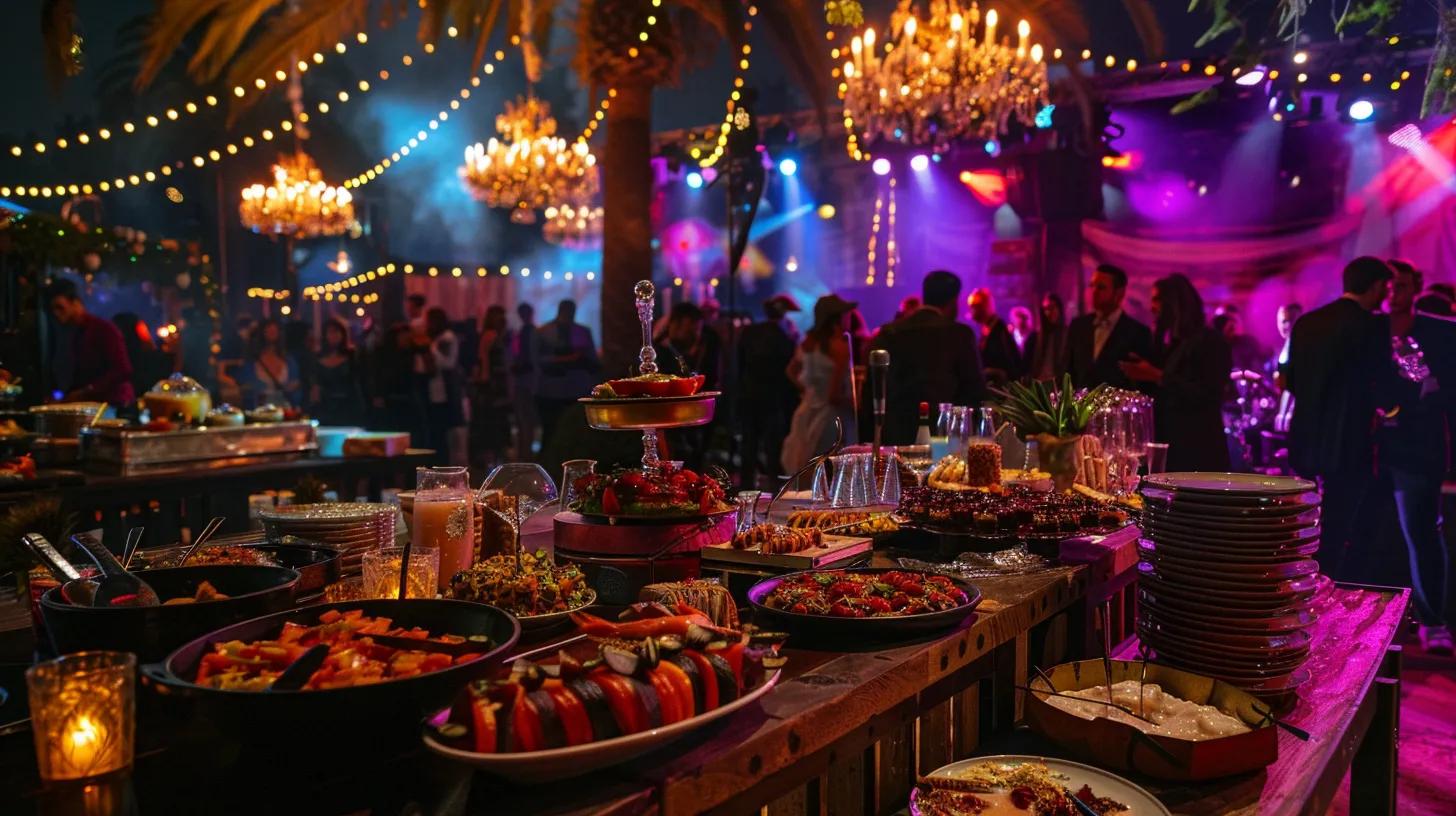 Catering Blog 1 a vibrant outdoor festival setting features an elegantly arranged vip catering area, with opulent tables adorned with gourmet dishes and chic decor, set against the backdrop of a lively crowd enjoying live music.