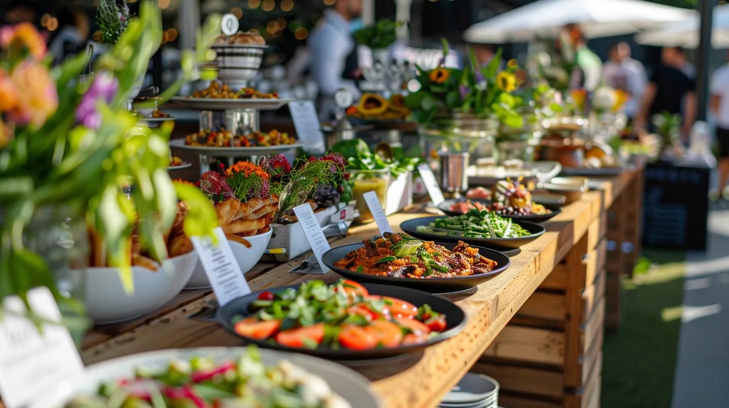 Creating a VIP Catering Experience at Summer Music Festivals 8 a vibrant vip catering setup at a summer music festival showcases elegantly arranged tables featuring eco-friendly, seasonal dishes served in sustainable packaging, with informative signage highlighting the commitment to green practices against a backdrop of festival excitement.