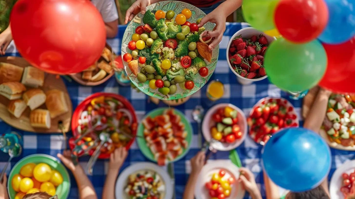 Patriotic Catering: Fourth of July Menu Ideas to Impress 4 a vibrant, festive picnic scene set on a checkered tablecloth features an array of colorful, kid-friendly vegetarian dishes, with cheerful children enjoying the fourth of july celebration amidst playful decorations and festive balloons.