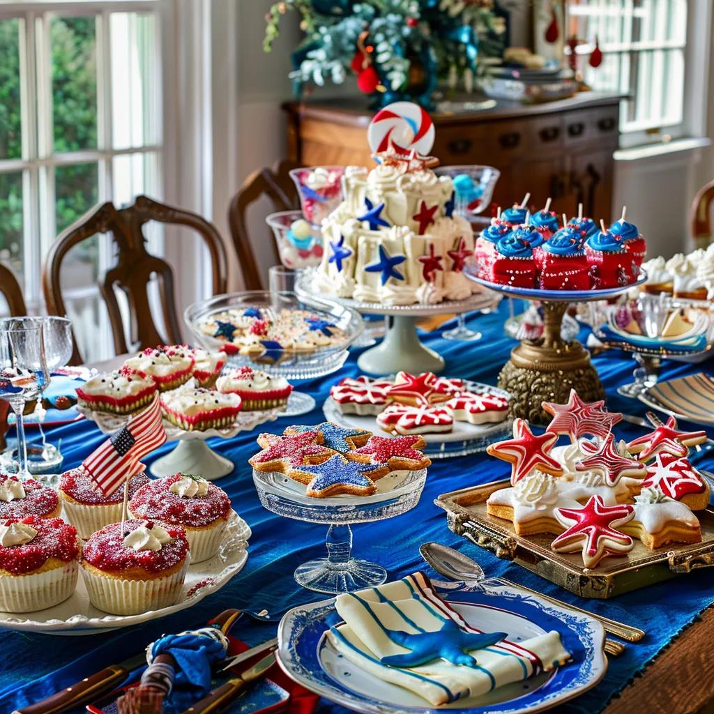 Patriotic Catering: Fourth of July Menu Ideas to Impress 2 a vibrant table adorned with an array of imaginative fourth of july desserts, featuring red, white, and blue themed treats like star-shaped cookies and patriotic parfaits, all set against a festive backdrop of elegant place settings in a sophisticated indoor dining room.