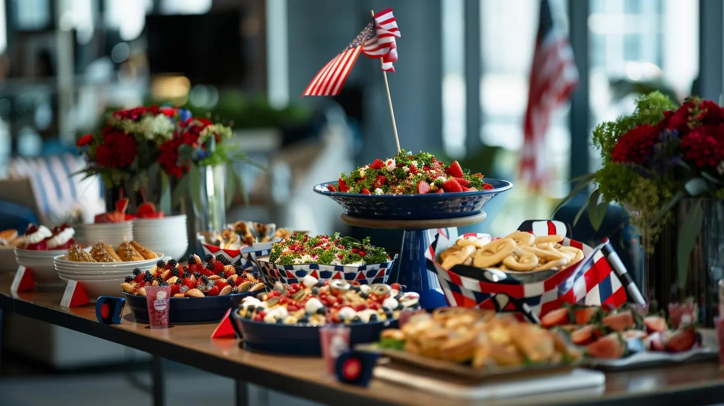 Patriotic Catering: Fourth of July Menu Ideas to Impress 6 a vibrant catering display showcases an array of creatively designed dishes adorned with red, white, and blue elements, set against a sleek modern office backdrop, capturing the festive spirit of patriotism for a corporate event.