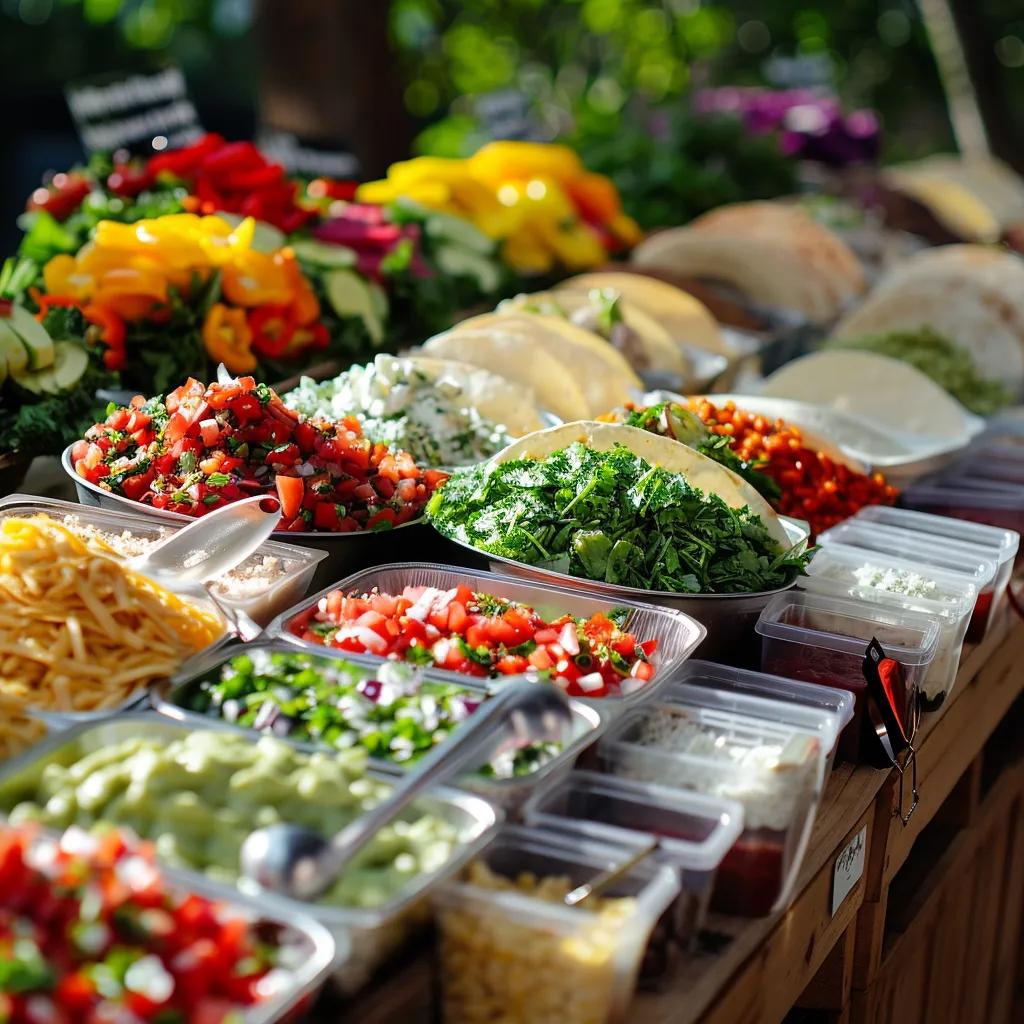 Interactive taco bar at a corporate picnic with fresh ingredients and engaged attendees