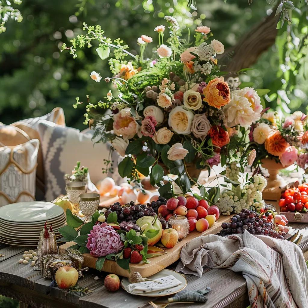Luxury picnic setup with elegant décor and gourmet food displays for corporate events