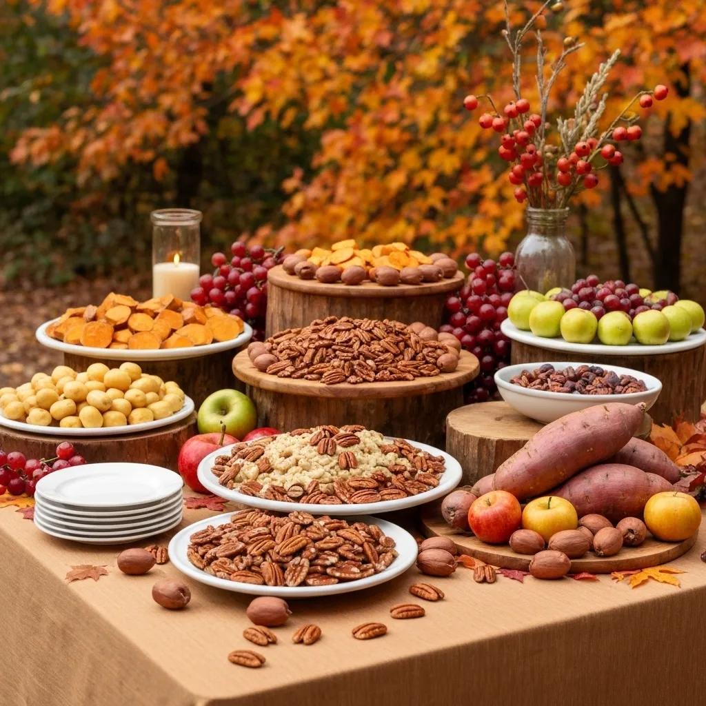 Autumn catering table featuring local Georgia ingredients like pecans and sweet potatoes, set in a warm outdoor atmosphere