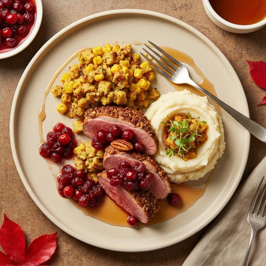 An elegant presentation of unique fall dishes featuring Georgia flavors, including pecan pesto crostini and sweet potato mousse parfaits, arranged on a stylish table setting
