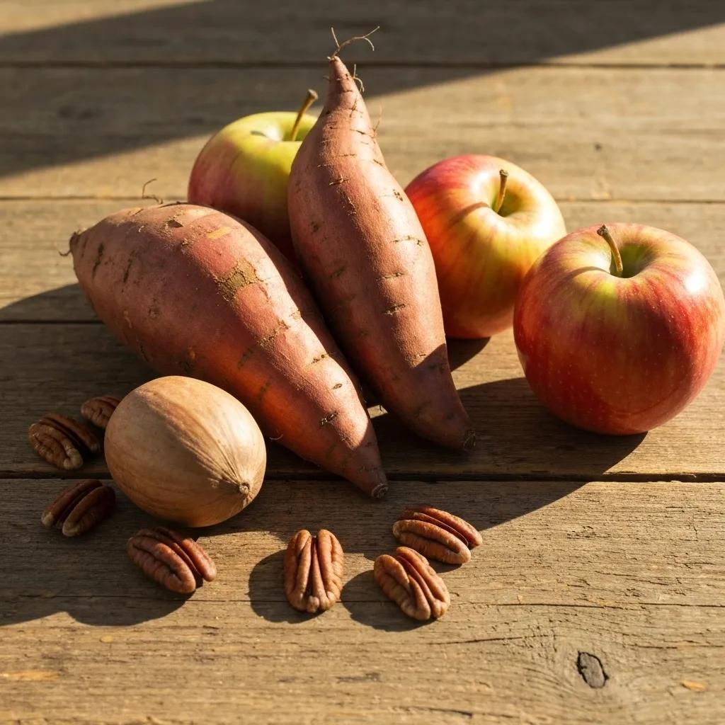 A vibrant arrangement of Georgia's autumn produce, including sweet potatoes, apples, and pecans, displayed on a rustic wooden surface
