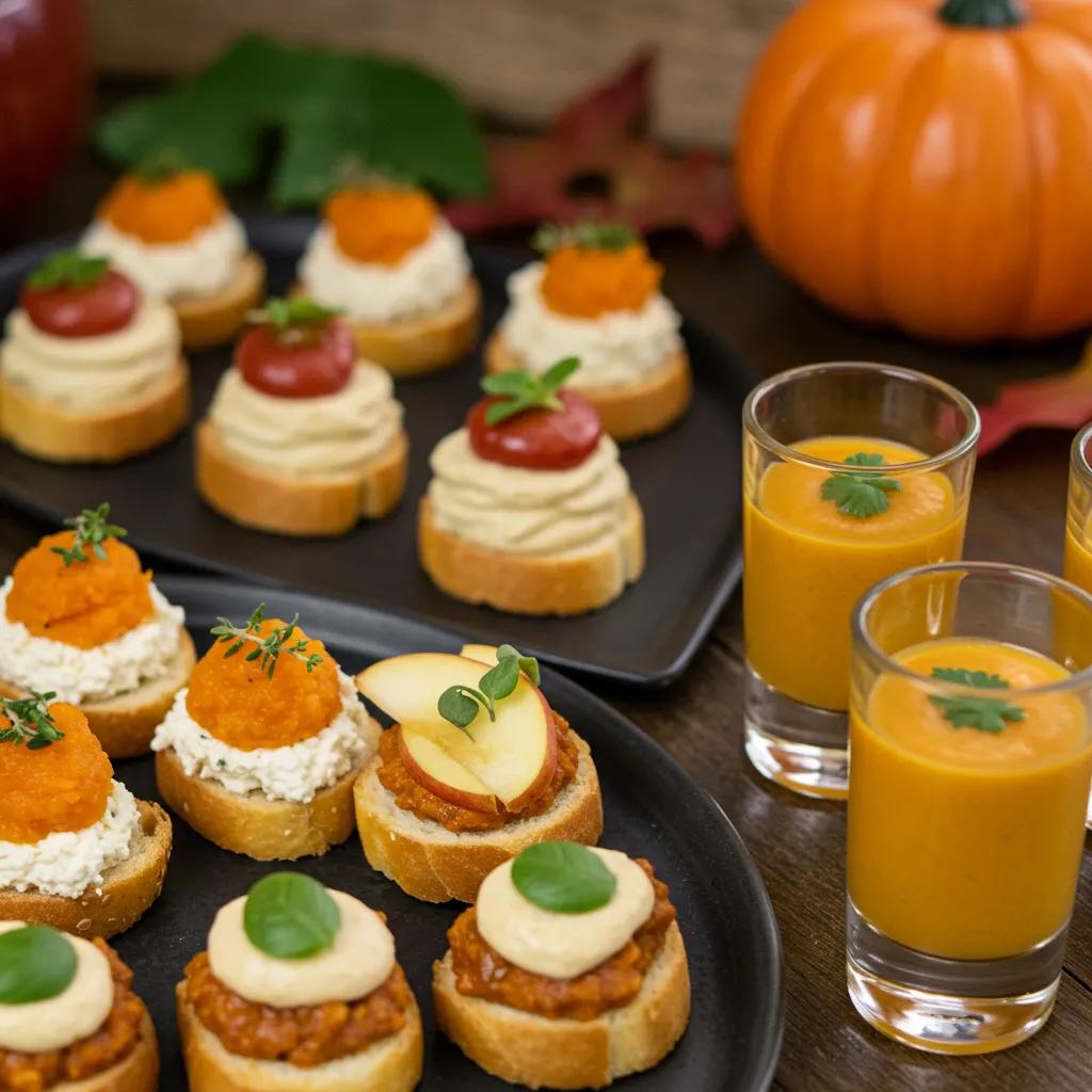 Planning a Fall-Themed Wedding Reception Menu: Seasonal Delights for Your Big Day 2 A delightful assortment of fall wedding appetizers showcasing seasonal ingredients and elegant presentation