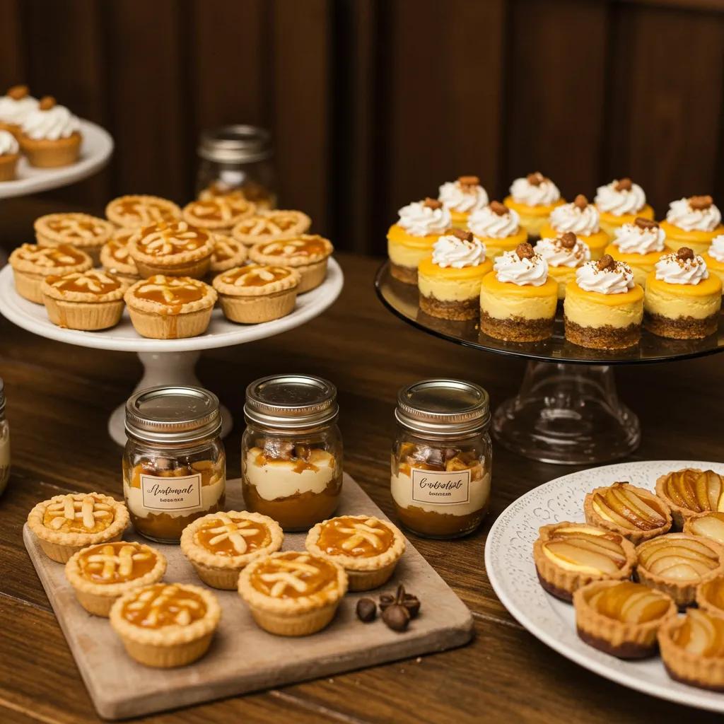 Planning a Fall-Themed Wedding Reception Menu: Seasonal Delights for Your Big Day 4 A beautiful display of unique fall wedding desserts showcasing seasonal flavors and an inviting presentation