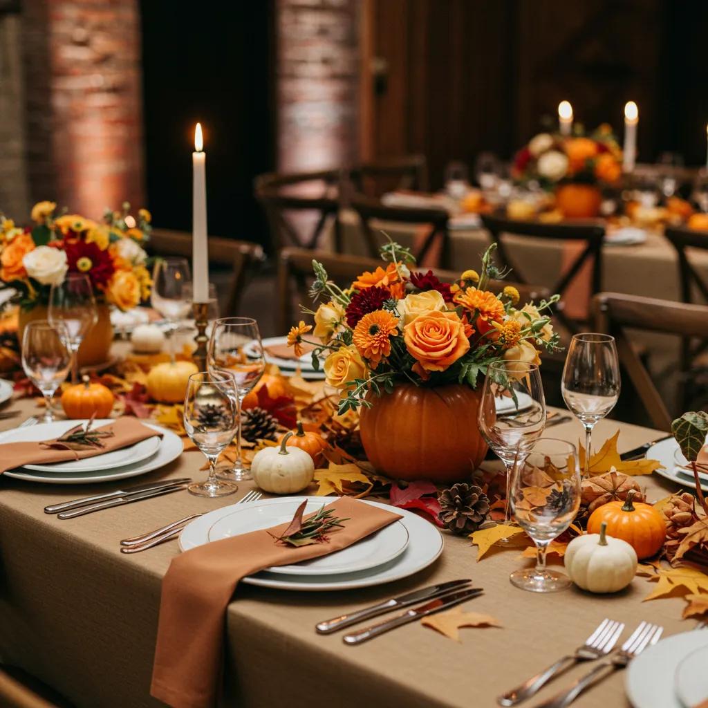 Elegant fall-themed wedding reception table with seasonal decorations and warm ambiance