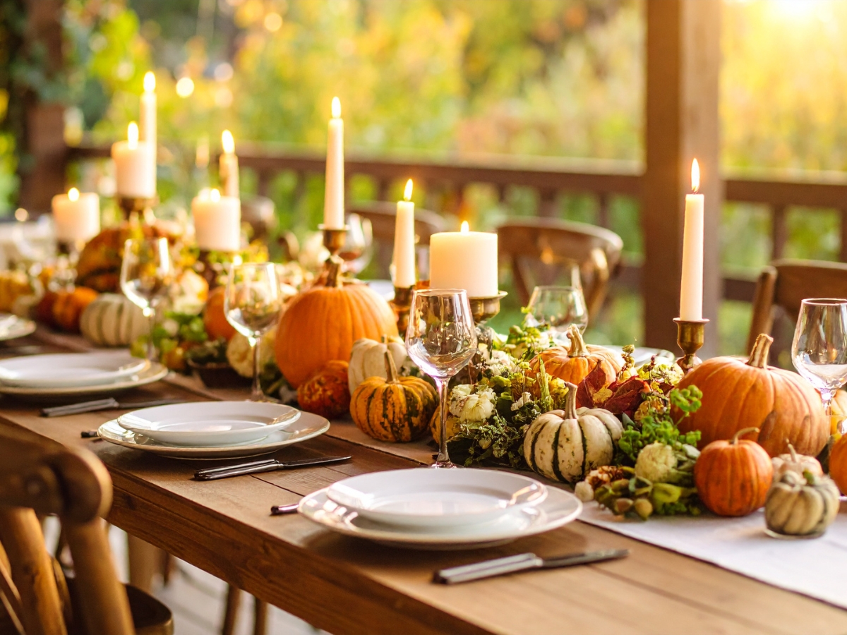 Planning a Fall-Themed Wedding Reception Menu: Seasonal Delights for Your Big Day 6 A long wooden table is set with white plates, wine glasses, candles, and autumn decorations including pumpkins and gourds, arranged for a festive Fall-Themed Wedding Reception outdoors.