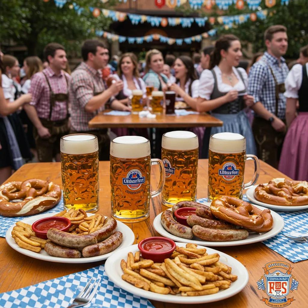 Festive Oktoberfest catering scene with traditional German food and drinks