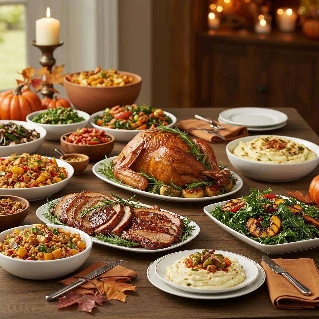 Gourmet Thanksgiving catering table with herb-crusted turkey, maple-glazed pork, and colorful side dishes