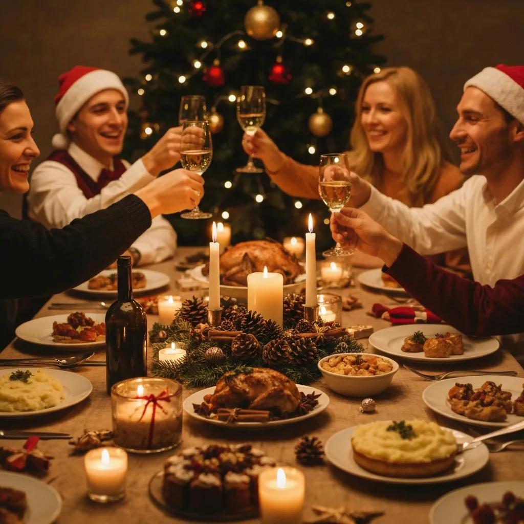 Festive dining table set for an intimate Christmas party with holiday dishes and decorations
