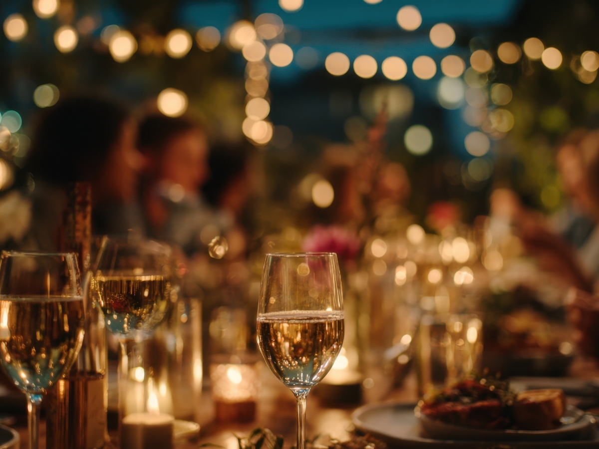 New Year's Eve Catering Tips: Create a Memorable Celebration 1 A close-up of a glass of white wine on a decorated outdoor dinner table, perfect for New Year's Eve Catering, with blurred people and twinkling string lights in the background.