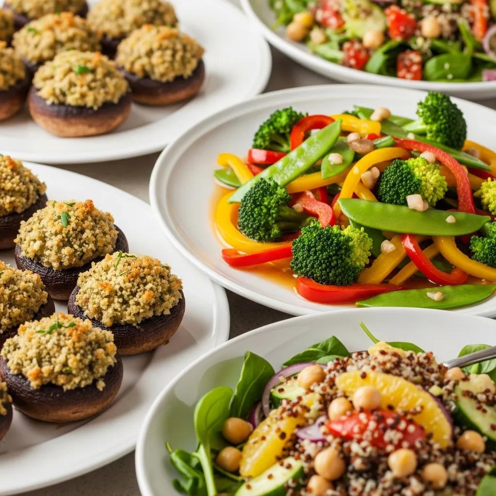 Assortment of top vegan appetizers and main courses beautifully presented