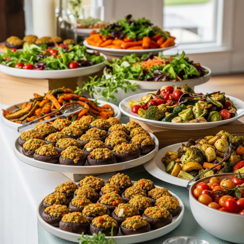 Colorful plant-based catering spread with vegan dishes in an elegant event setting