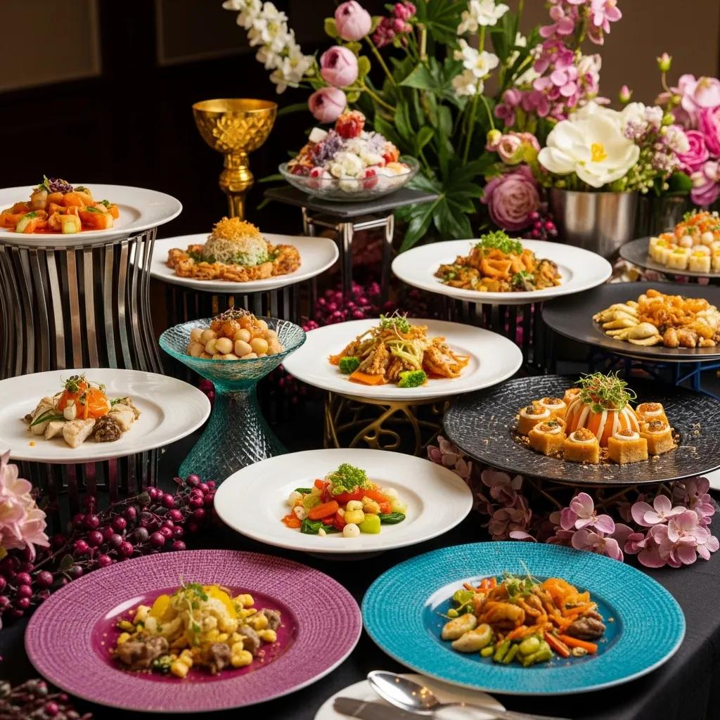 Elegant gourmet food display showcasing vibrant colors and unique serving dishes for event catering