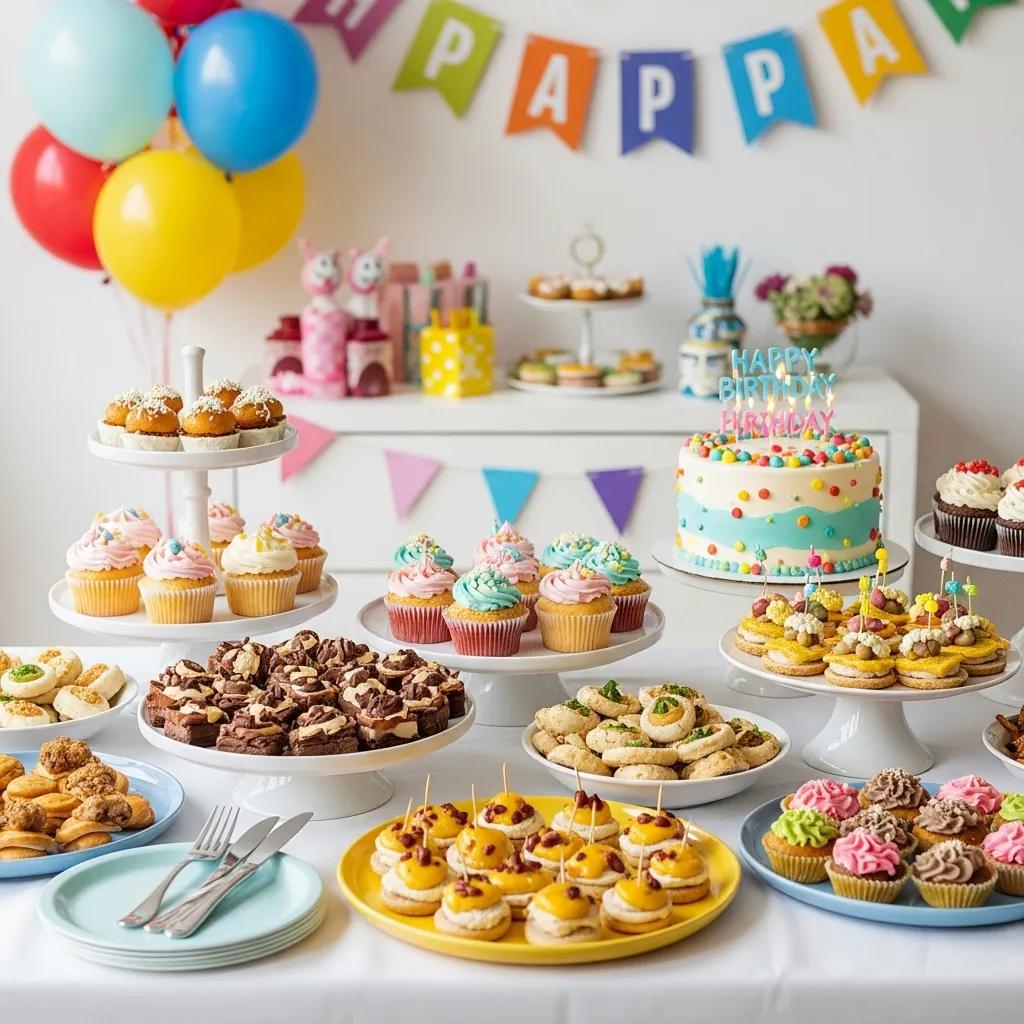 Colorful birthday party catering setup with a variety of dishes and decorations