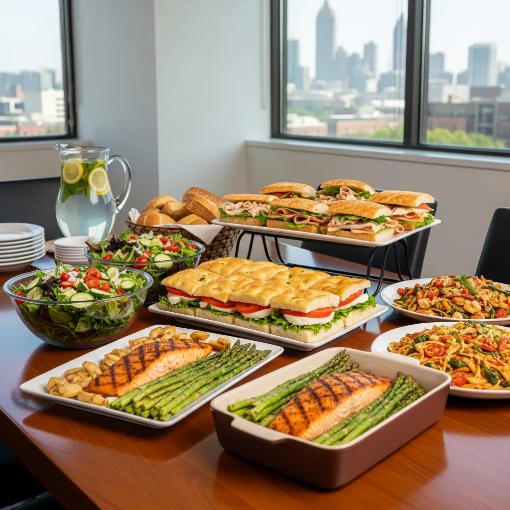 Corporate lunch table with fresh made-from-scratch meals in a modern Atlanta office setting