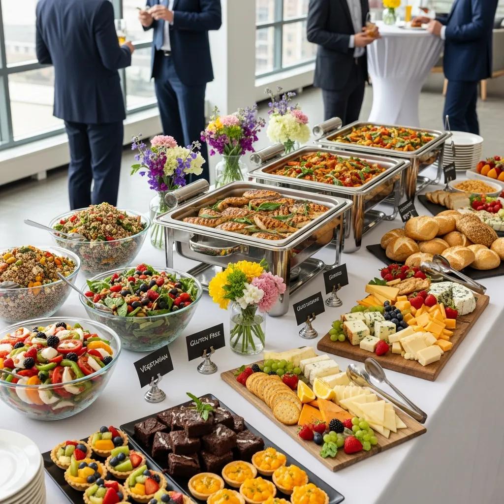 Diverse buffet lunch setup with a variety of dishes for corporate events
