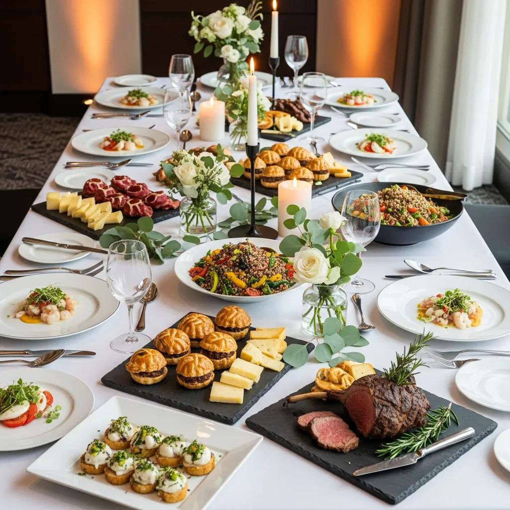 Elegant adult birthday catering setup with gourmet dishes and sophisticated decor
