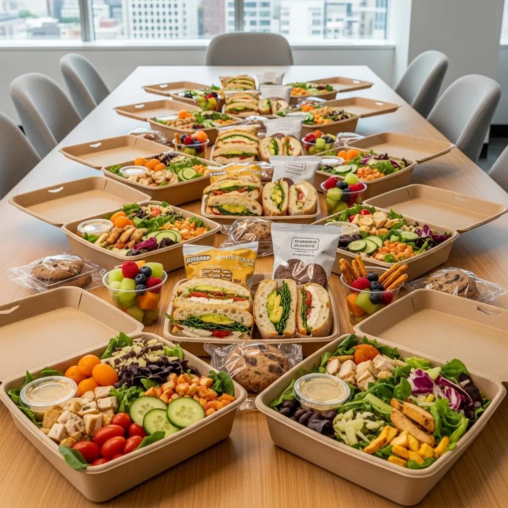 Individually packaged boxed lunches showcasing a variety of meal options for corporate settings