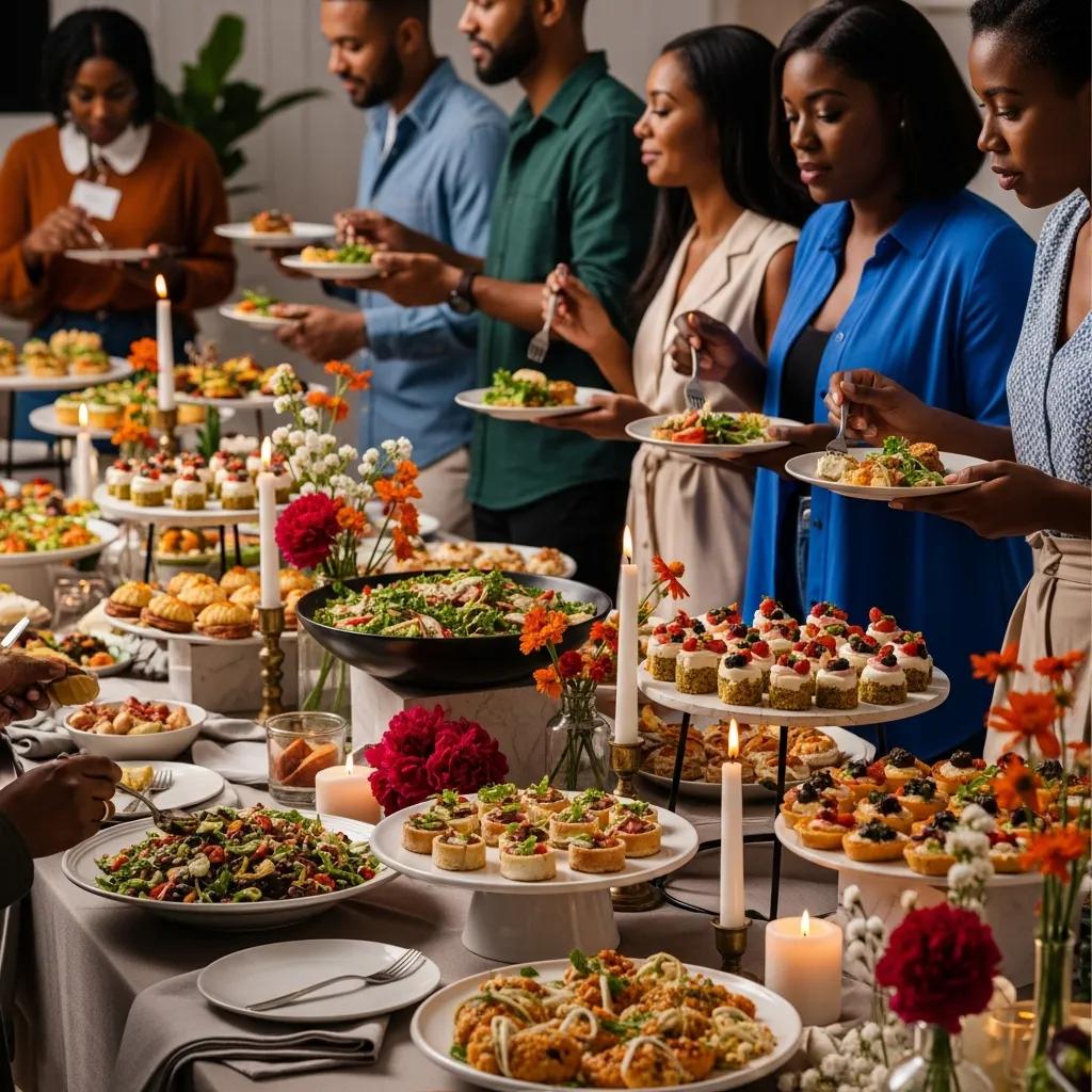 Catering setup for a corporate team building event featuring diverse dishes and a welcoming atmosphere