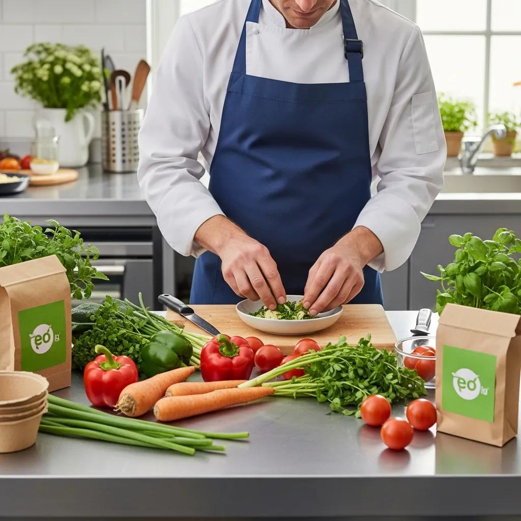 Chef preparing fresh, locally sourced ingredients in a sustainable catering kitchen
