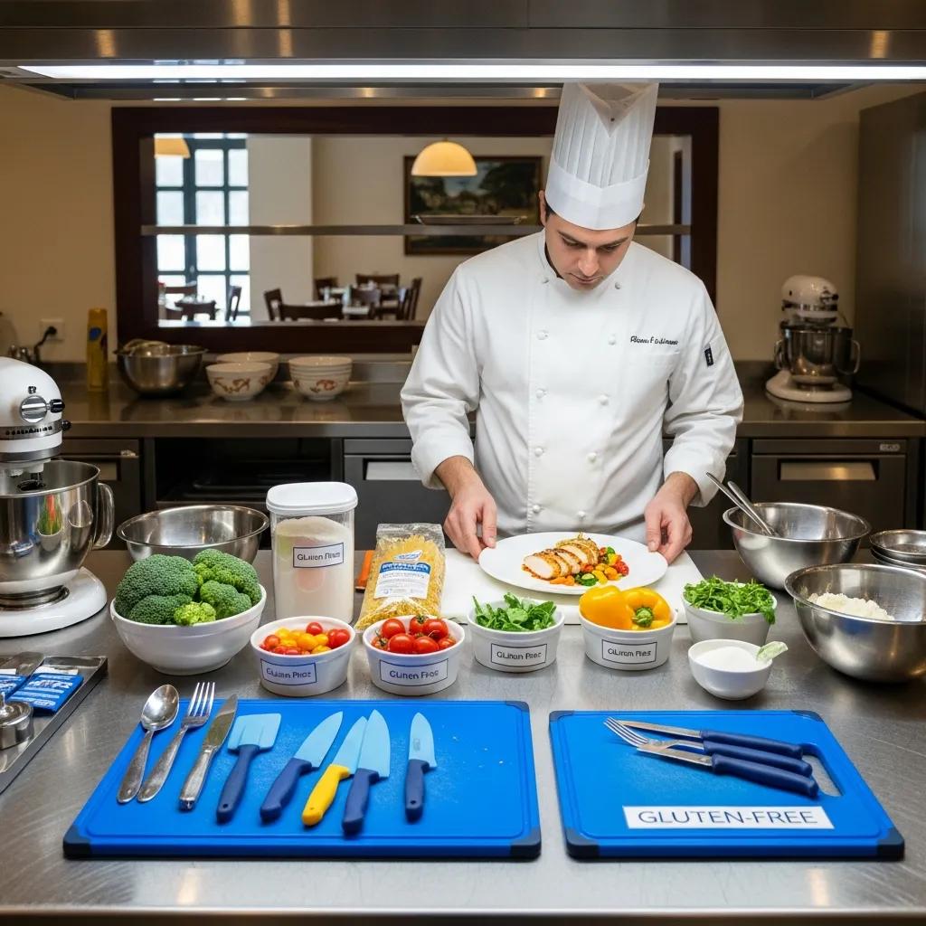 Chef preparing gluten-free dishes in a dedicated kitchen area to prevent cross-contamination