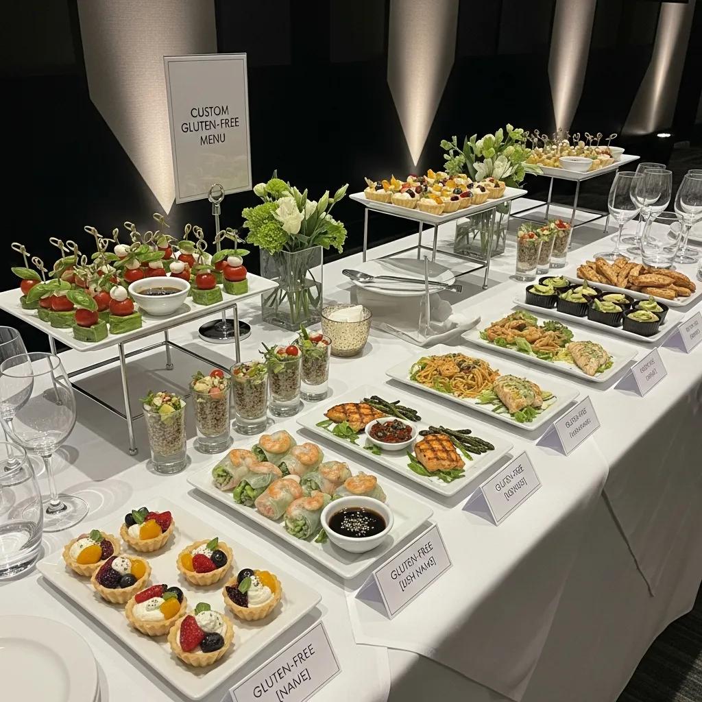 Elegant corporate event table showcasing a custom gluten-free menu with beautifully presented dishes