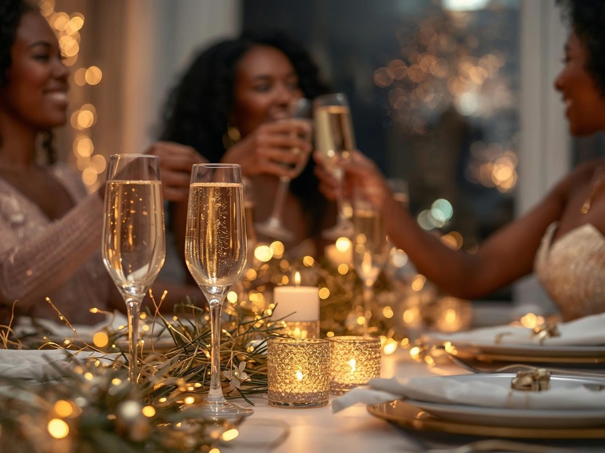 Three women toast with champagne glasses at a festively decorated dinner party table, surrounded by candles and golden string lights in the background.