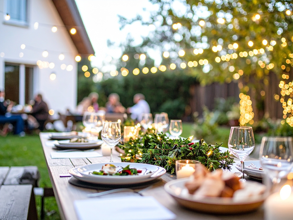A long outdoor dining table set with plates, glasses, and greenery is ready for a charming dinner party, with string lights overhead and people sitting in the blurred background.