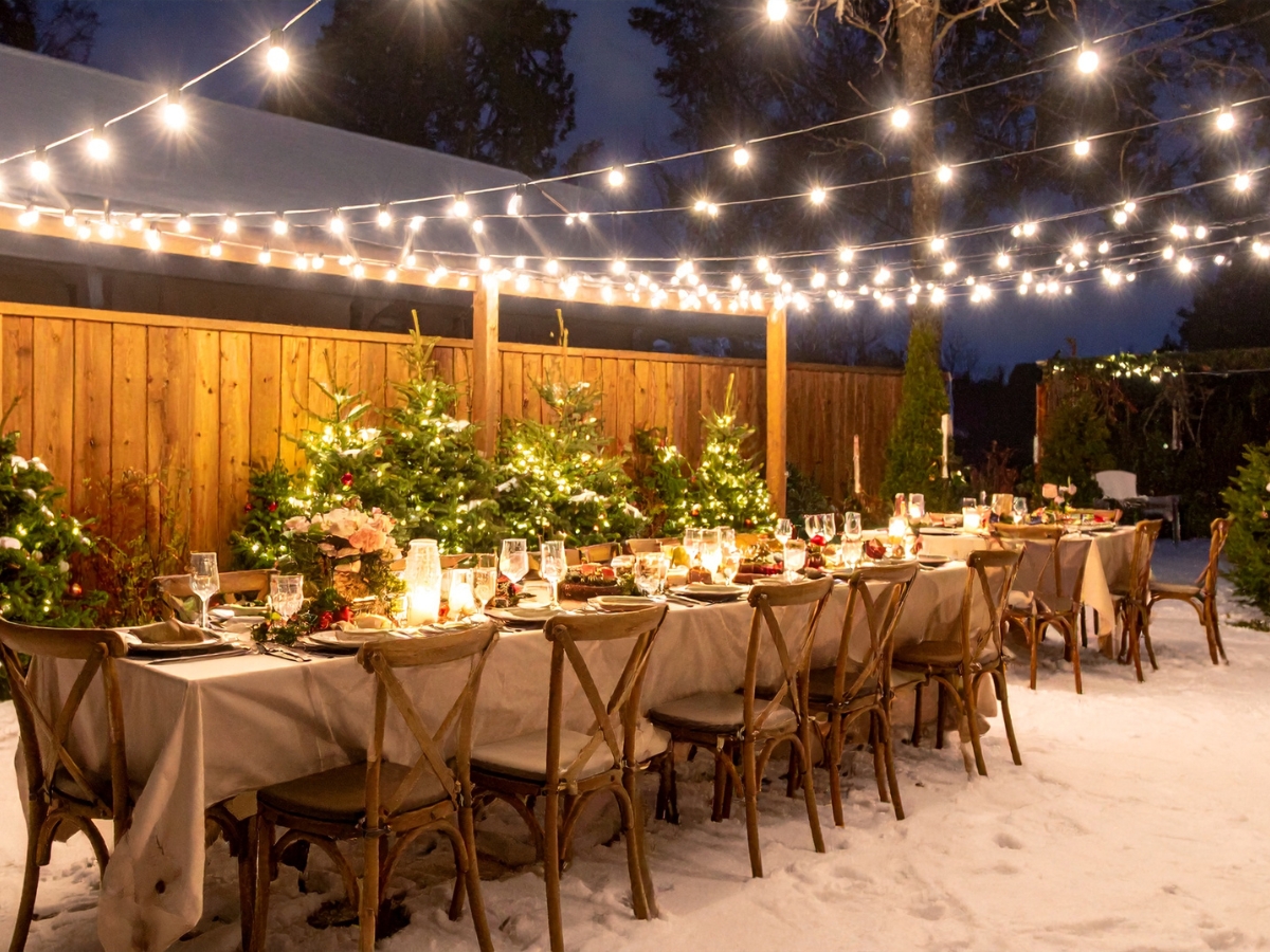 A long dining table set for a meal stands outdoors on snow under string lights, ready for a magical dinner party, surrounded by decorated evergreen trees and wooden fencing at night.
